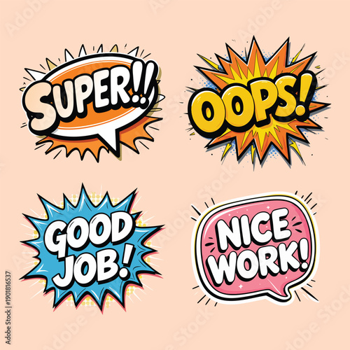 Comic Handdrawn Speech Bubble Set with Expression, Oops, Super, Nice Work, Good Job
