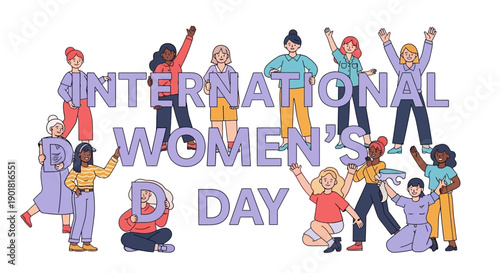 International Women's Day celebrated with diverse group of women forming letters.