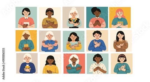 A diverse group of women of various ages and ethnicities holding books and showing solidarity with crossed arms.