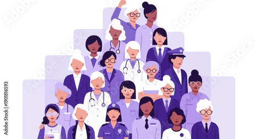 A diverse group of women from various professions standing together in a pyramid formation, representing unity and strength.