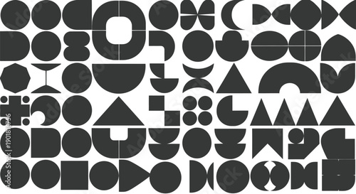 Abstract composition featuring a dense collection of minimalist black geometric shapes and patterns set