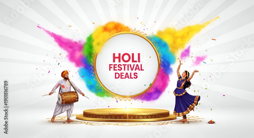 Holi festival colorful deals banner with indian dance and drum performance showing joyful celebration culture tradition emotion isolated background for commercial use