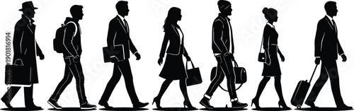 Black silhouettes of diverse individuals walking in a line, each carrying luggage and dressed in distinct and casual attire