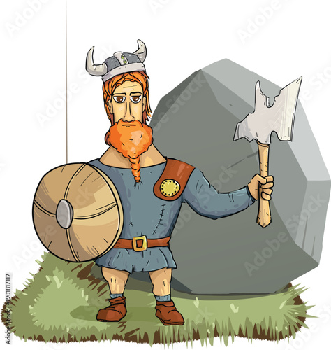 Funny cartoon vector illustration of a Viking warrior boy and pirate character person holding a sword and axe clip art drawing