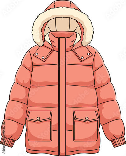 Warm Winter Puffer Jacket With Hood And Pockets Isolated In Clean Detailed Fashion Vector Illustration