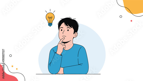 Young man in a blue shirt thinking deeply with his hand on his chin below a glowing lightbulb symbol representing a new idea.