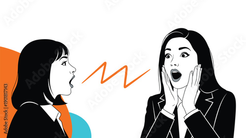 Two professional women in suits expressing surprise and shouting at each other with an abstract lightning bolt between them.