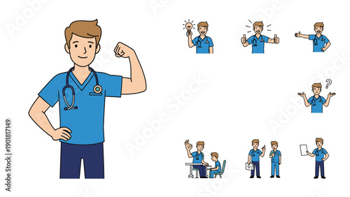Strong male nurse in blue scrubs flexing his arm and a collection of small icons showing different professional poses.