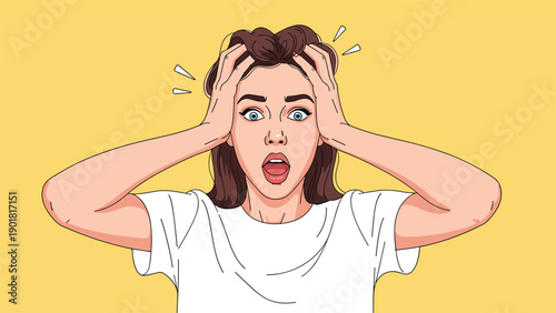 Shocked young woman with hands on her head and wide eyes looking at the camera against a vibrant yellow background.