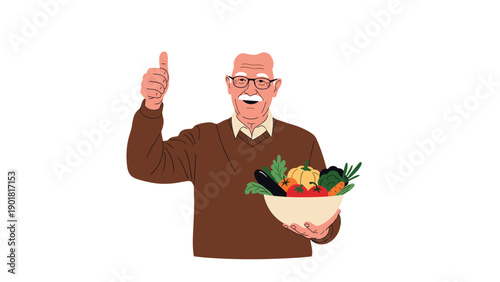 Happy senior man with glasses giving a thumbs up and holding a large bowl filled with fresh healthy vegetables.