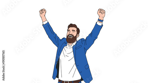 Joyful businessman in a blue suit raising his arms in a victory pose to celebrate success on a white background.