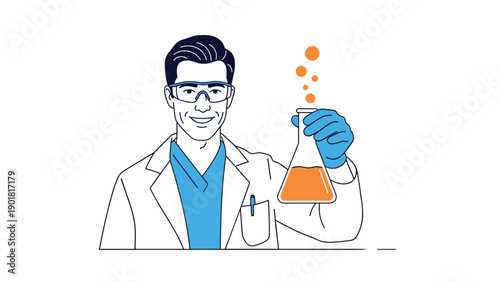 Confident scientist wearing safety goggles and gloves holding a flask with a boiling chemical solution in a laboratory.