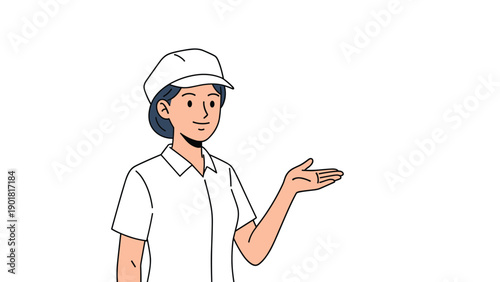 Smiling woman in a white uniform and cap gesturing with her hand while standing confidently against a plain white background.