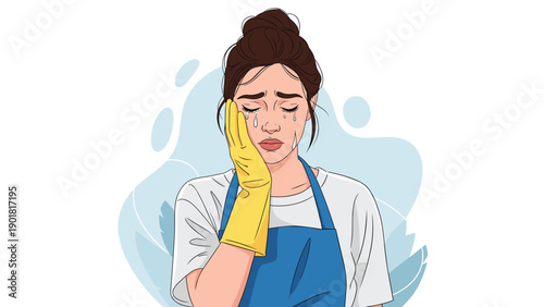 Sad young woman in a cleaning uniform and yellow gloves crying with tears on her face against a soft blue background.