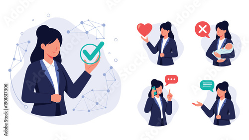 Professional businesswoman manages different responsibilities including approval with a checkmark, childcare, and communication tasks.