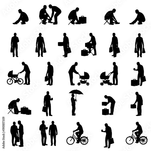 Set of 25 people silhouettes showing everyday urban activities: sitting, squatting, walking, standing, carrying bags, pushing a stroller, riding a bicycle, helping, waiting, and casual human