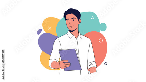 Professional young man holding a purple folder looks away thoughtfully against a backdrop of colorful abstract shapes.