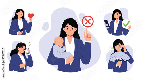 Professional woman in a blue suit experiences various daily challenges including childcare, work calls, and managing heat with a fan.