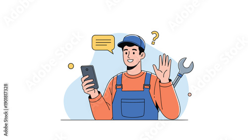 Cheerful repairman in a blue cap and overalls waves while holding a smartphone with a wrench appearing in the background.