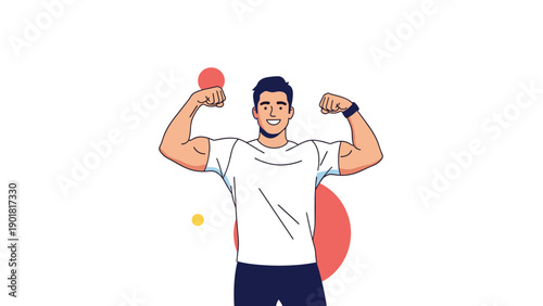 Strong young man in a white t-shirt and dark pants proudly flexes his arm muscles to demonstrate his physical fitness.