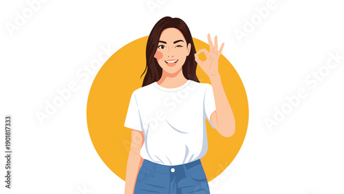Beautiful young woman with long brown hair winks playfully while showing an okay hand gesture against a yellow circle.
