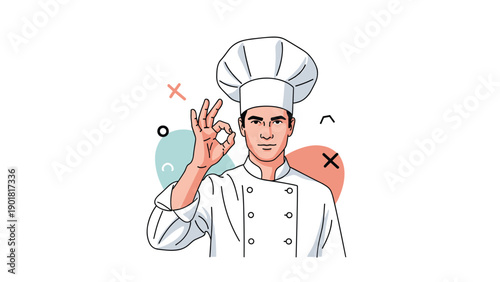 Professional male chef in a white toque and coat makes an okay hand sign to signify high quality and culinary excellence.