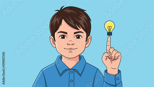 Creative young boy points his finger upward as a glowing lightbulb appears, symbolizing a bright new idea or discovery.