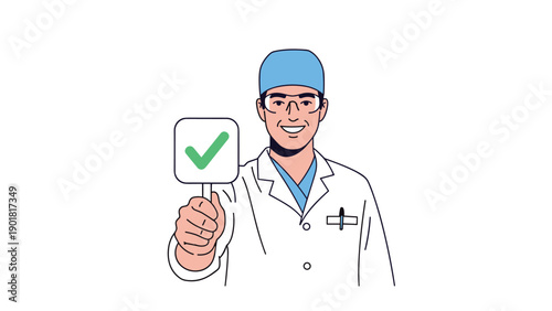 Male doctor wearing medical scrubs and a white coat holds up a green checkmark sign to indicate approval or health.
