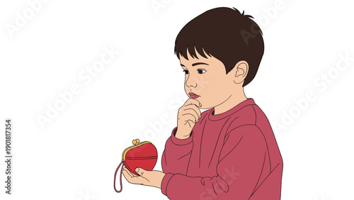 Young boy looks thoughtfully at a small red coin purse while considering how to spend his money or savings.