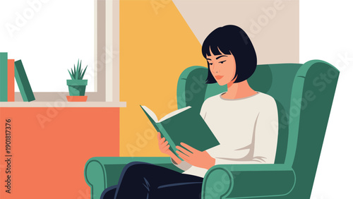 Young woman sitting in a cozy green armchair and reading an interesting book near a bright window with house plants in her living room.