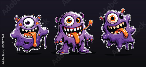 Cartoonish and Playful Purple One Eyed Monster Character Group Illustration
