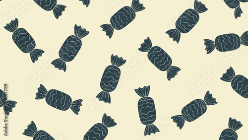 Playful seamless pattern featuring scattered dark blue wrapped candies with texture on a light beige background, ideal for sweet-themed designs.