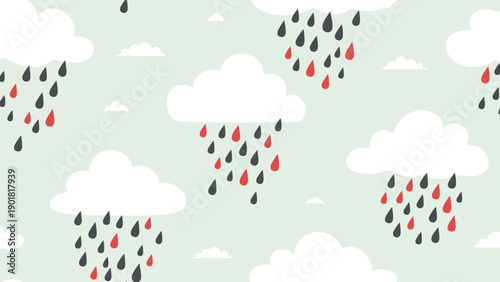 Whimsical seamless pattern illustrating white clouds with falling black and red raindrops on a soft light green background, perfect for cheerful weather themes.