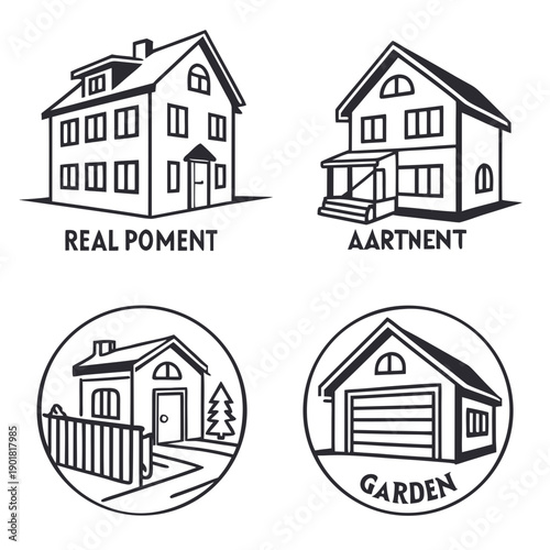 Foto Four distinct house styles illustrated in a simple and clear manner