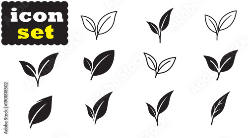 Nature Tea Leaves Icon Set, Editable Solid Vector Illustration