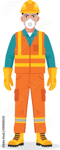 Construction worker wearing protective gear including a hard hat and mask