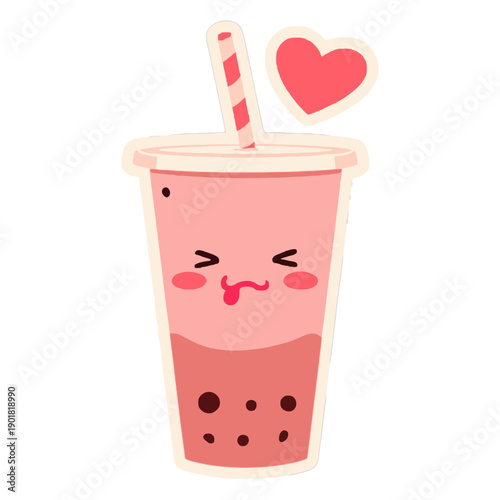 Boba Tea Cup Winking with Heart Straw Sticker | Cute Boba Drink Kawaii Sticker Illustration | Adorable Bubble Tea with Heart Straw Character | Playful Winking Boba Tea Cup Sticker Design | Sweet