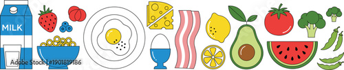 Set of healthy breakfast and fresh food illustrations featuring milk cereal fried eggs avocado bacon and assorted fruits on grey background