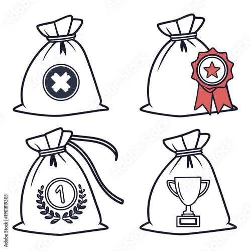 Four illustrated drawstring bags with various decorative elements and ribbons Vector