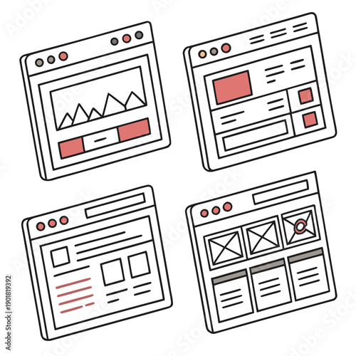 Four web browser windows displaying various financial and analytical data Vector