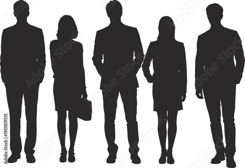 Diverse group of five business professionals in silhouette, including a woman with a briefcase, standing against a white background