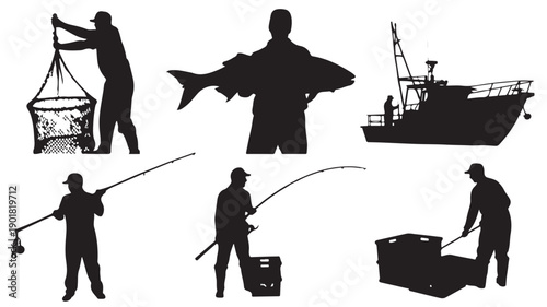Silhouette Of Various Fishermen Activities For Fishing Industry And Seafood Concept Vector Illustration