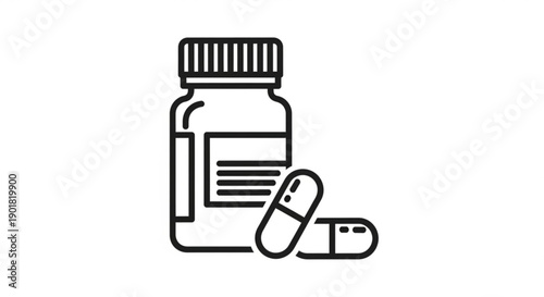 Simple line illustration of a medicine bottle and pills on a plain white background from a straightforward viewpoint