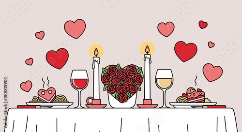 Romantic Dinner Table Setting with Heart Decoration.