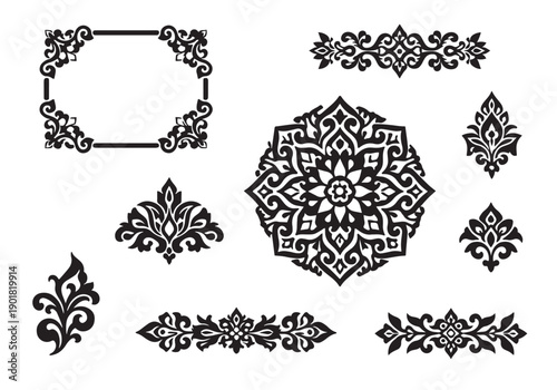 Set of ornamental floral design elements, vintage decorative frames, and borders