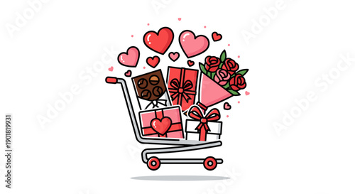 Shopping Cart Filled with Gifts and Hearts.