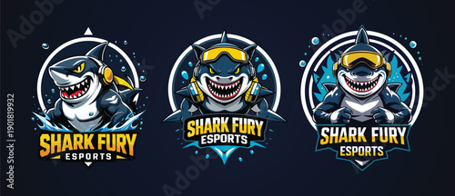 Cartoon Aggressive Shark Mascot with Gaming Accessories Badge Illustration Set