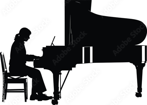 Black Silhouette of a Professional Female Pianist Playing a Grand Piano on a White Background for Classical Music Concert Performance and Artistic Creative Concept