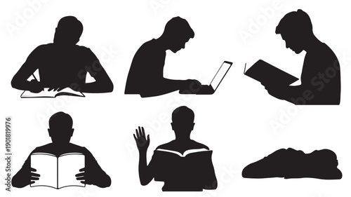 Vector Illustration Of People Reading Books And Using Laptop In Different Poses For Education And Literacy Concept