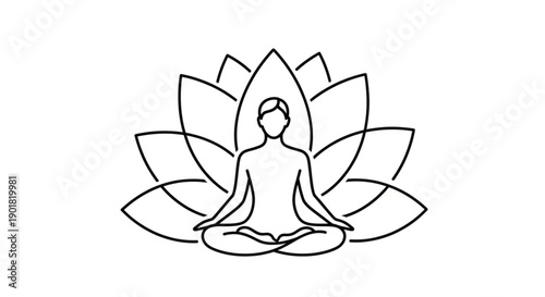 A person meditating in a lotus position surrounded by a lotus flower from a front view